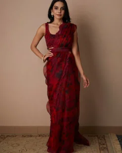 Deep Red Floral Sari Set