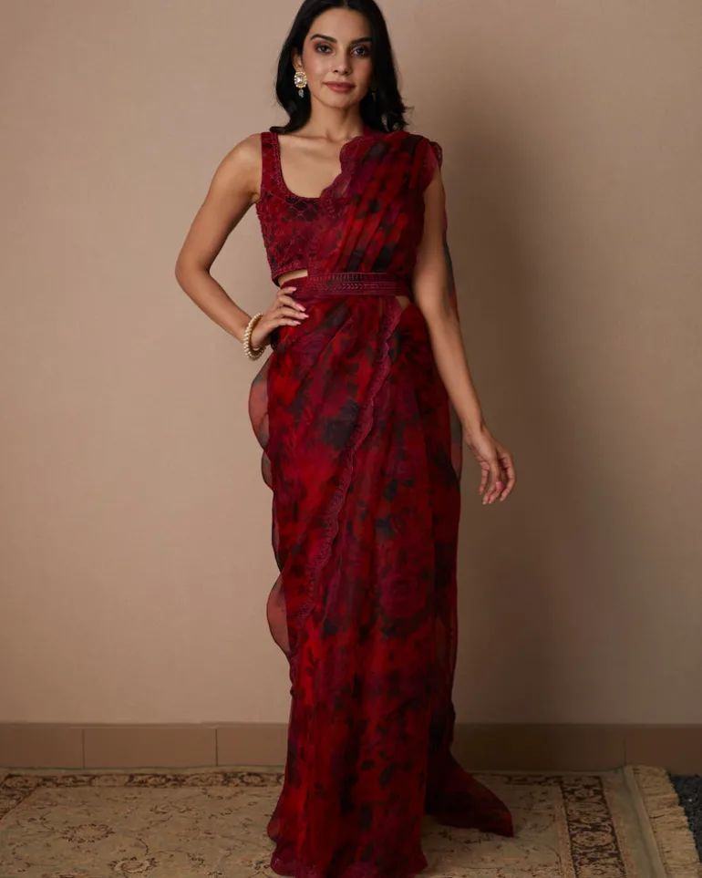 Deep Red Floral Sari Set