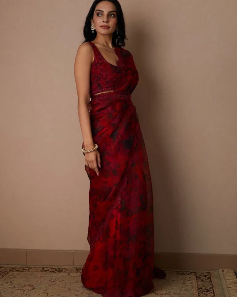 Deep Red Floral Sari Set