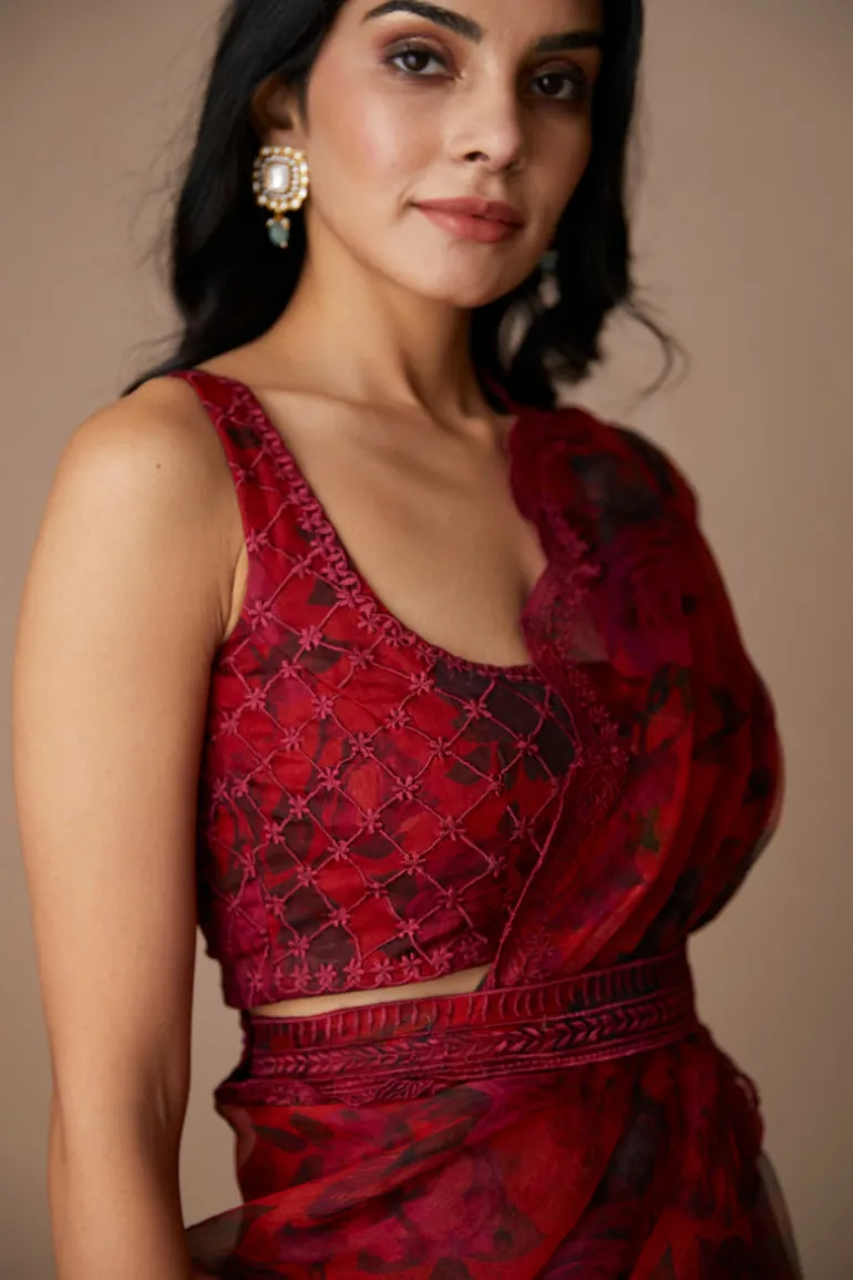 Deep Red Floral Sari Set