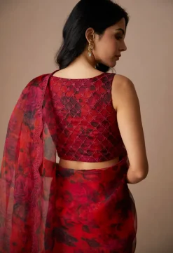 Deep Red Floral Sari Set
