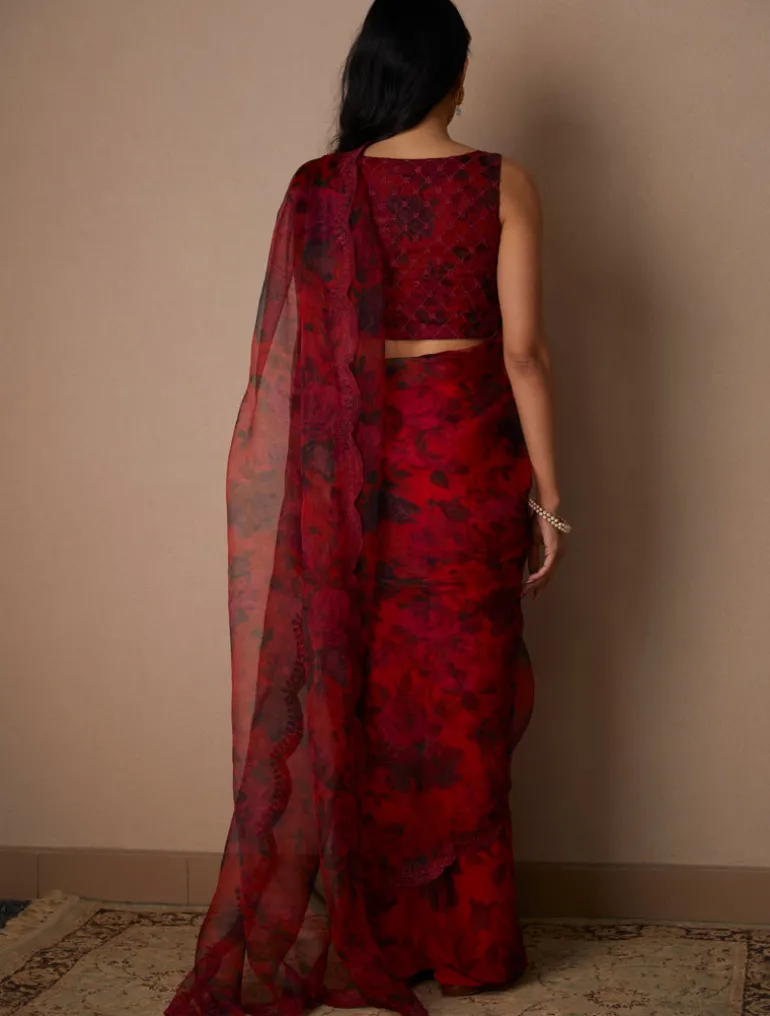 Deep Red Floral Sari Set