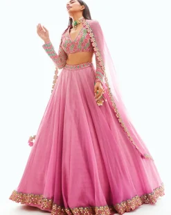 Dull Pink Applique Organza Lehenga Set