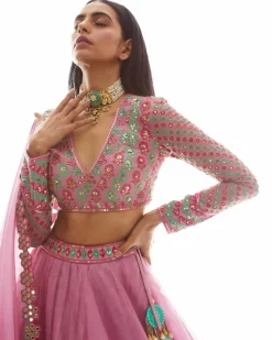 Dull Pink Applique Organza Lehenga Set