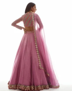 Dull Pink Applique Organza Lehenga Set