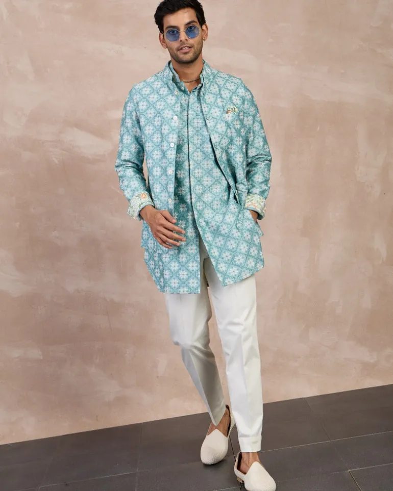 Dull Turquoise Kairos Front Open Degut Nehru Jacket Set