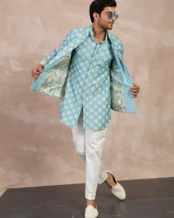 Dull Turquoise Kairos Front Open Degut Nehru Jacket Set