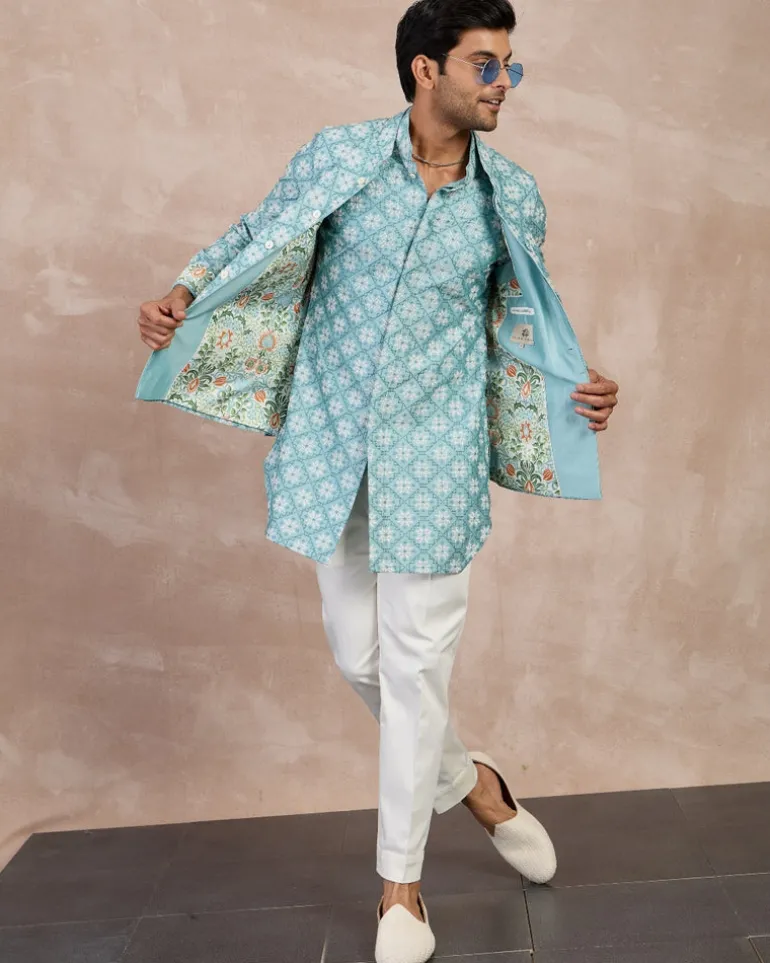 Dull Turquoise Kairos Front Open Degut Nehru Jacket Set