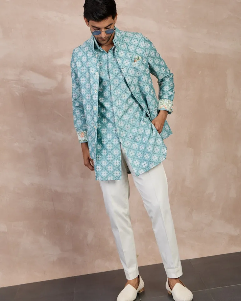 Dull Turquoise Kairos Front Open Degut Nehru Jacket Set