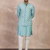 Dull Turquoise Plain Chanderi Straight Nehru Jacket Set