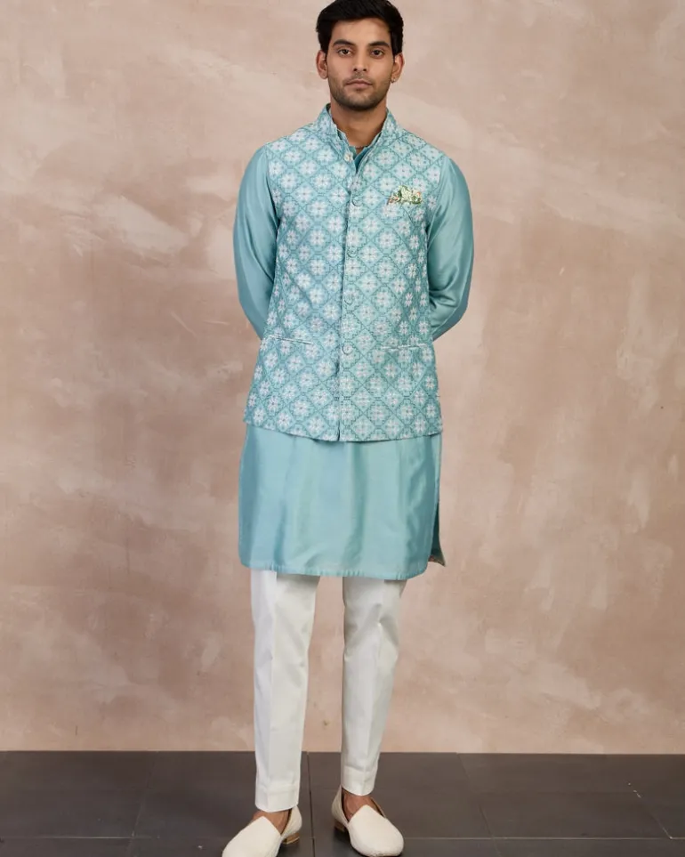 Dull Turquoise Plain Chanderi Straight Nehru Jacket Set