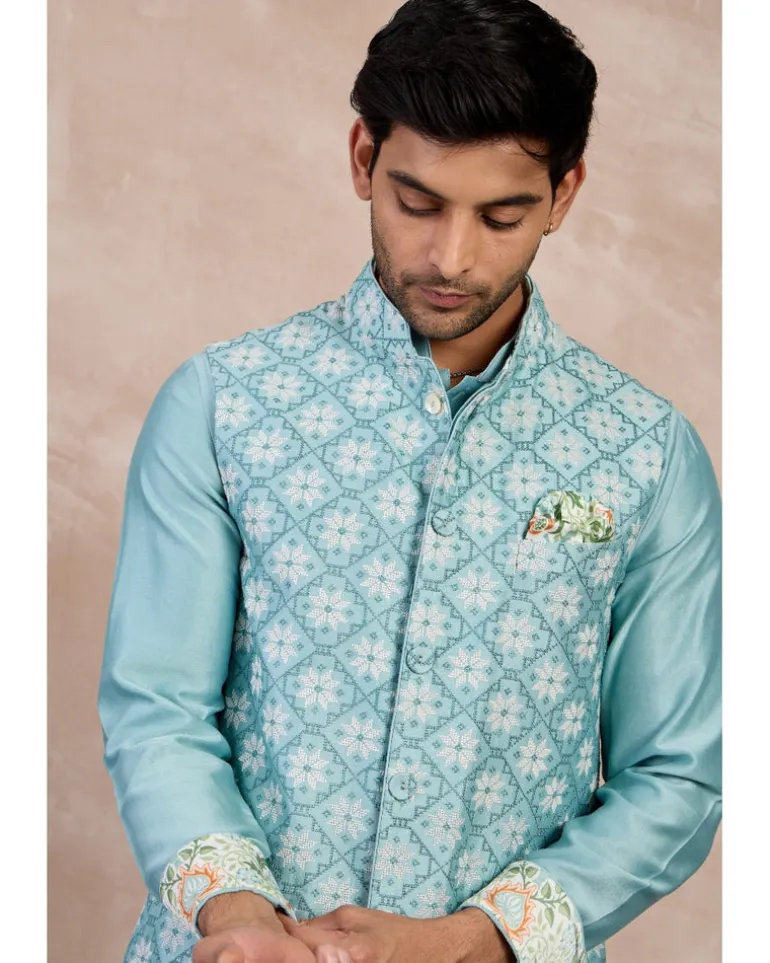 Dull Turquoise Plain Chanderi Straight Nehru Jacket Set
