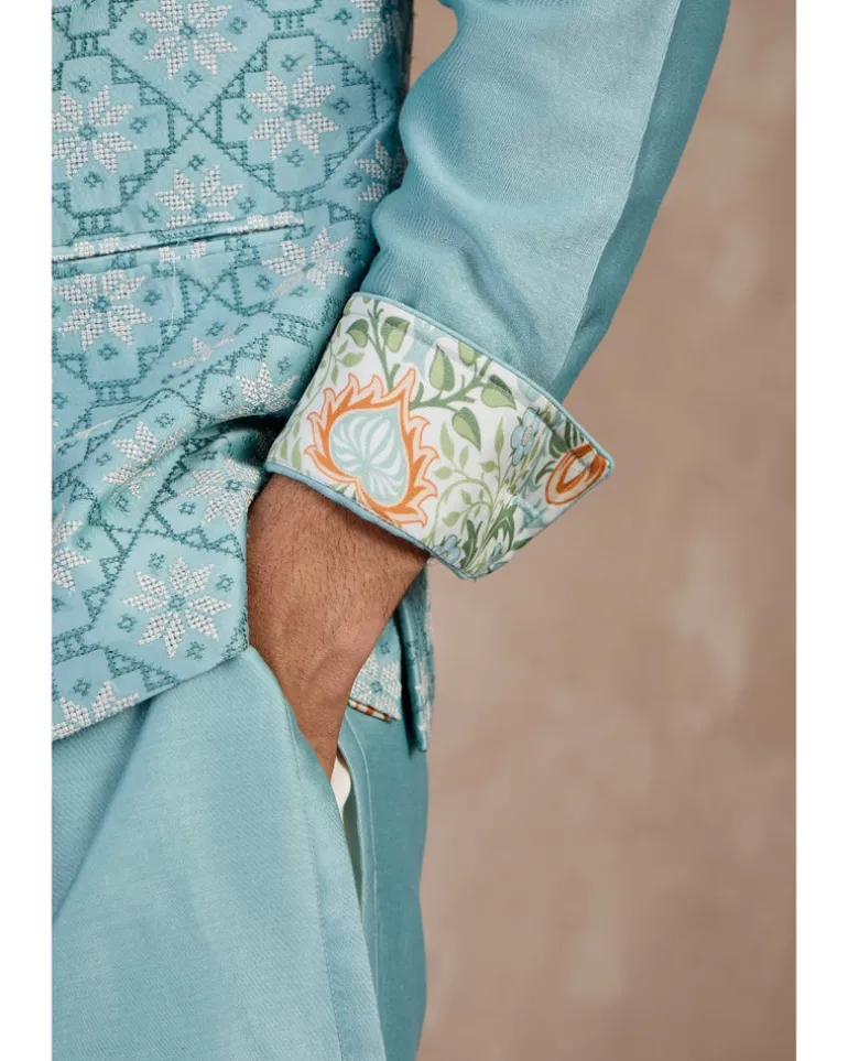 Dull Turquoise Plain Chanderi Straight Nehru Jacket Set