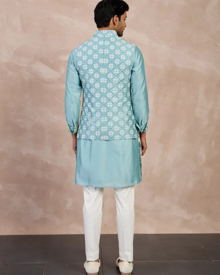 Dull Turquoise Plain Chanderi Straight Nehru Jacket Set