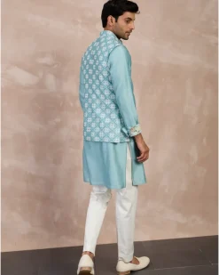 Dull Turquoise Plain Chanderi Straight Nehru Jacket Set