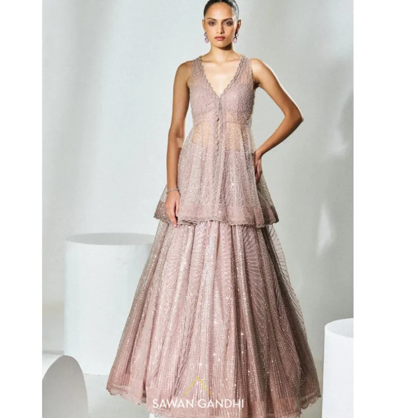 Dusky Pink Peplum Sequins Lehenga Set