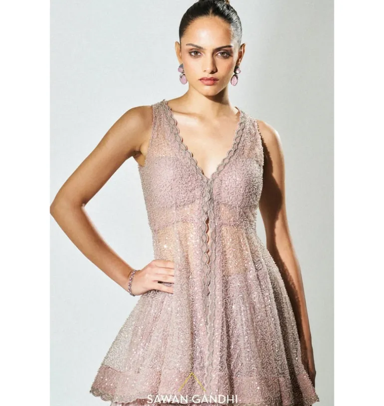 Dusky Pink Peplum Sequins Lehenga Set