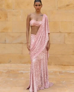 Dusty Pink Sequins Sari Set