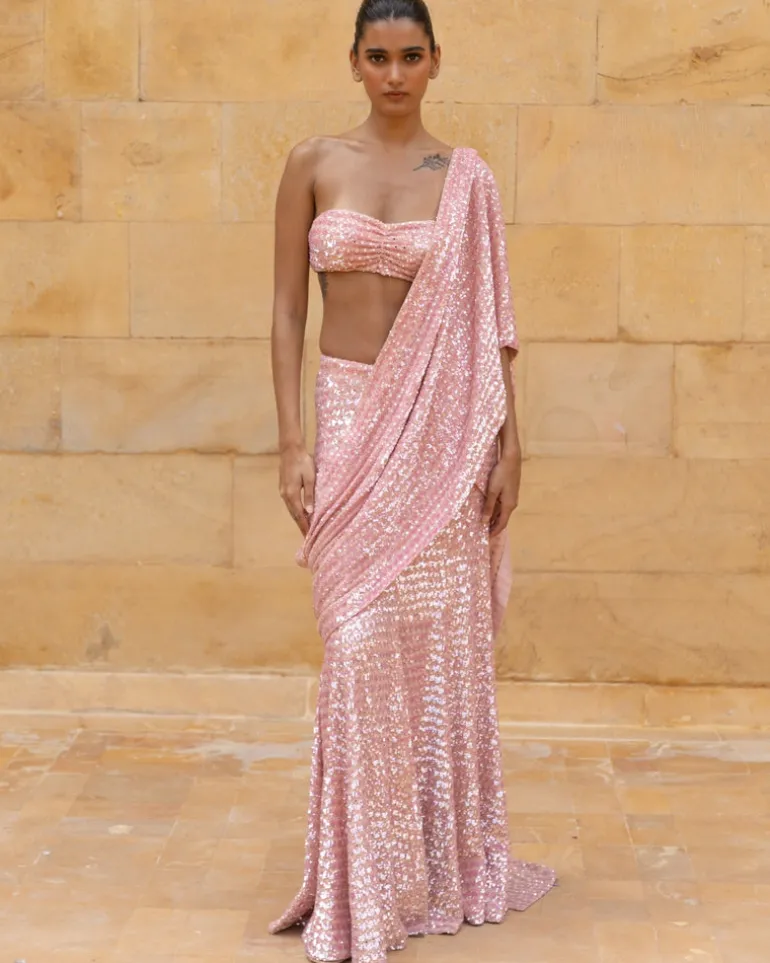 Dusty Pink Sequins Sari Set