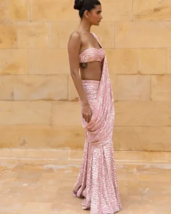 Dusty Pink Sequins Sari Set