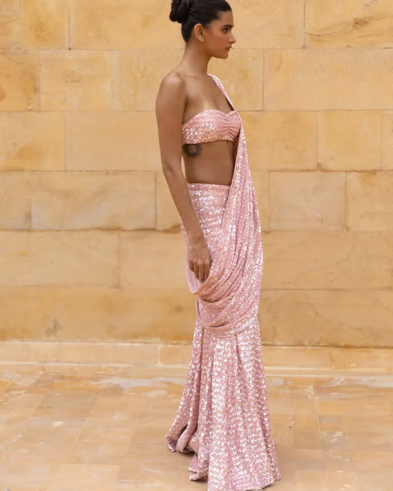 Dusty Pink Sequins Sari Set