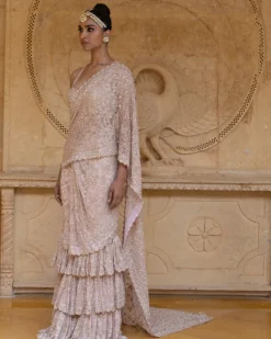 Dusty Pink with Rose Gold Embroidery Tiered Sari Set