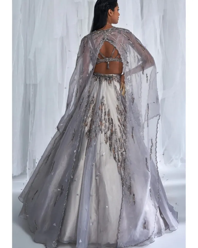 Elaheh Silk Organza Lehenga Set With A Cape