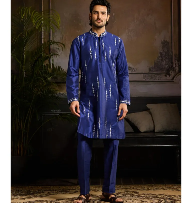 Electric Blue & Silver Cutdana And Acrylic All Over Work Kurta Paired With Electric Blue Pants
