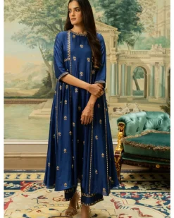 Electric Blue Butti Embroidered Kurta Set