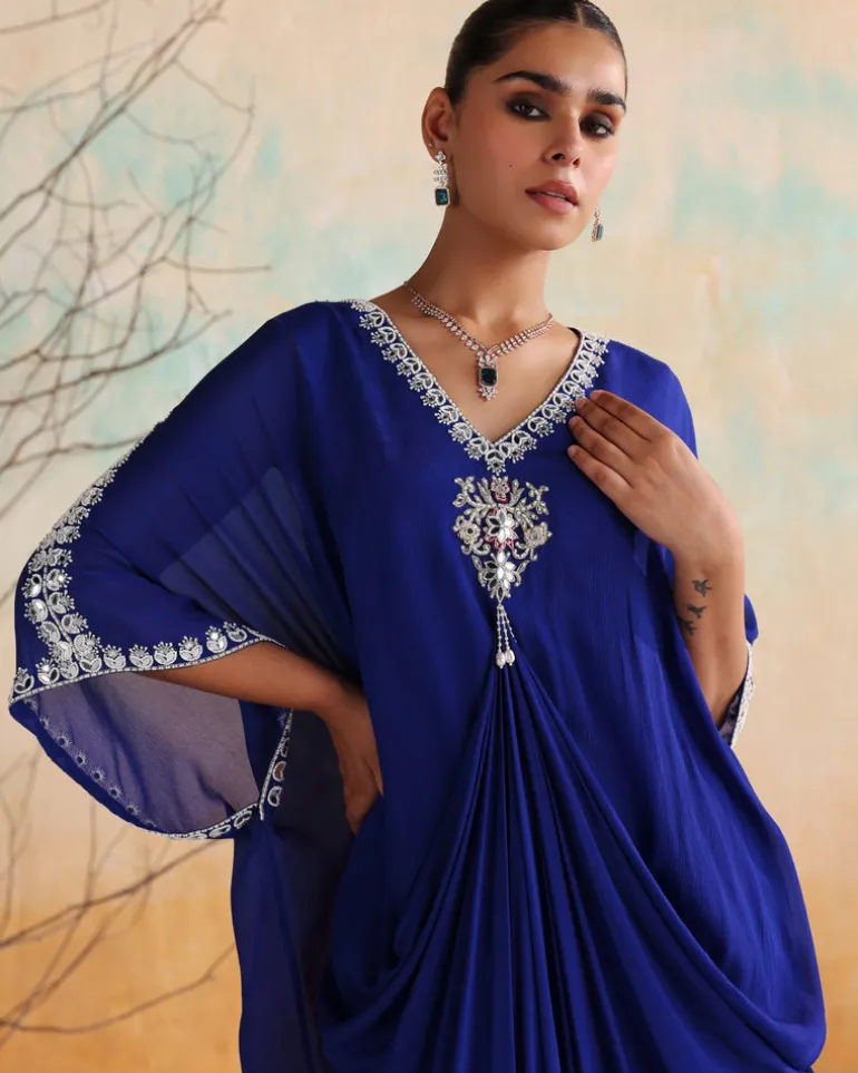 Electric Blue Embellished Draped Kaftan
