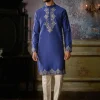 Electric Blue With Gunmetal Yoke And Hem Geometric Embroidered Kurta With Ivory Pants