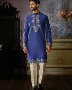 Electric Blue With Gunmetal Yoke And Hem Geometric Embroidered Kurta With Ivory Pants