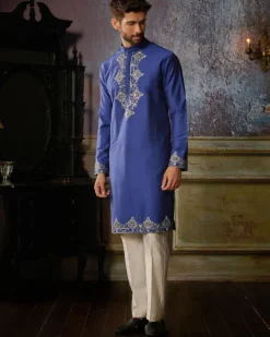 Electric Blue With Gunmetal Yoke And Hem Geometric Embroidered Kurta With Ivory Pants