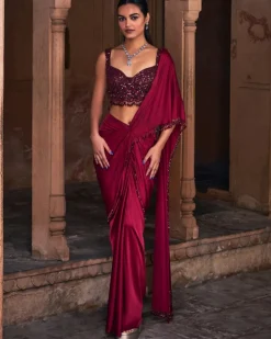Eliza Maroon Embroidered Sari Set