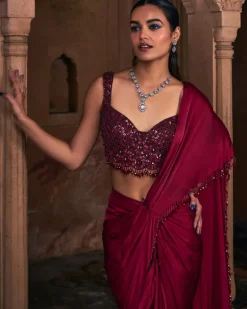 Eliza Maroon Embroidered Sari Set