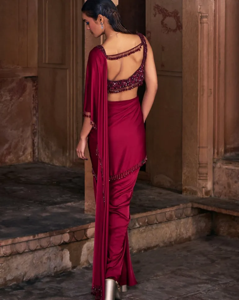 Eliza Maroon Embroidered Sari Set