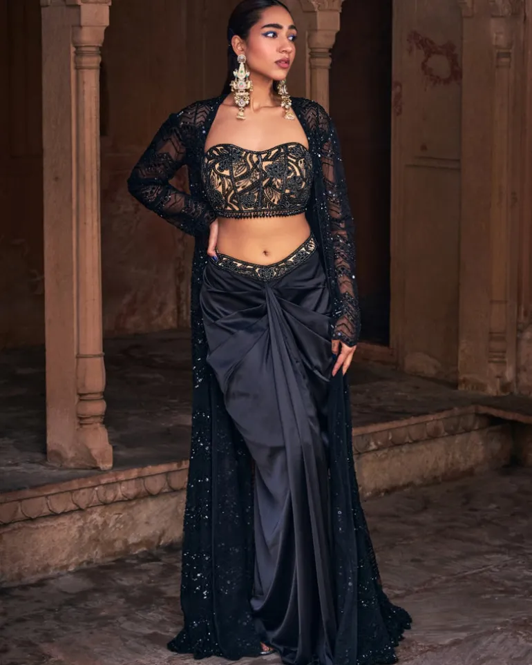 Elsa Black Embroidered Long Jacket Set