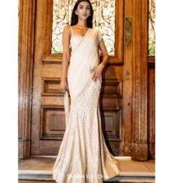 Embellished Ivory Pre-Drape Sari Set