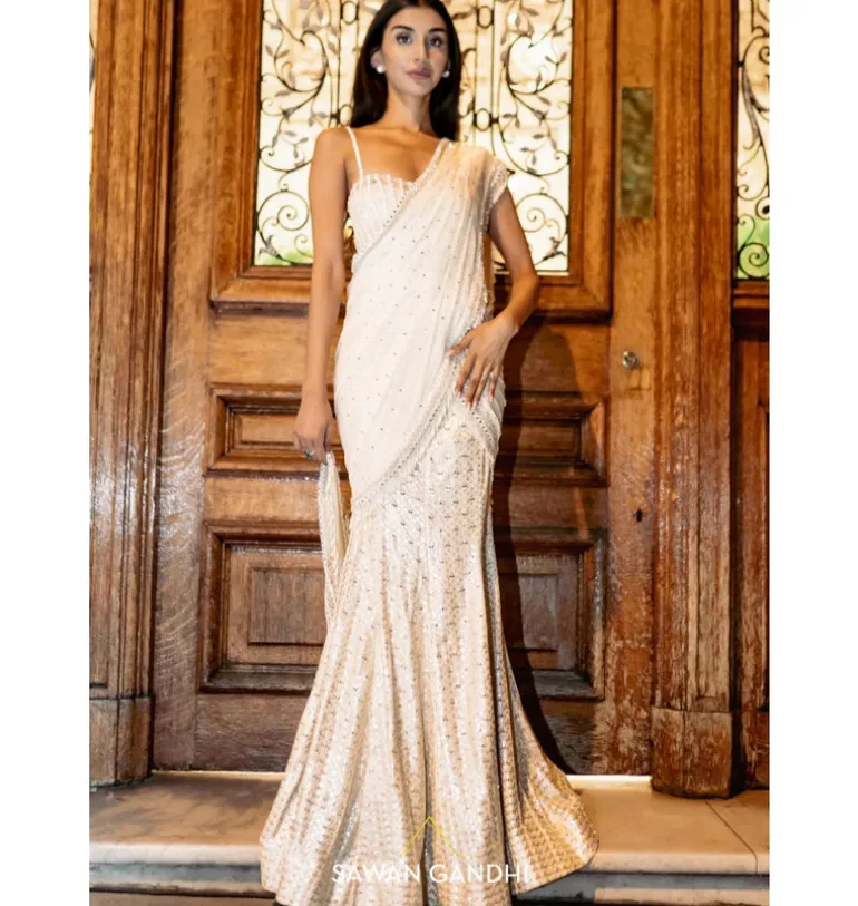 Embellished Ivory Pre-Drape Sari Set