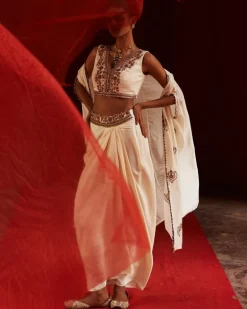 Embroidered Ivory Cape & Drape Skirt Set