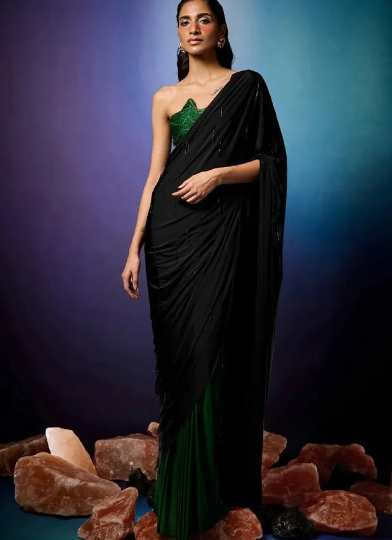 Emerald & Noir Beaded Tailored Sari with Ripple Bustier