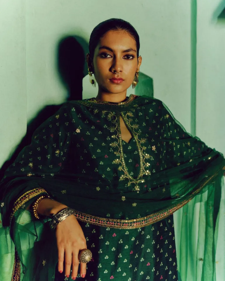 Emerald Green Bandhej Kurta Set