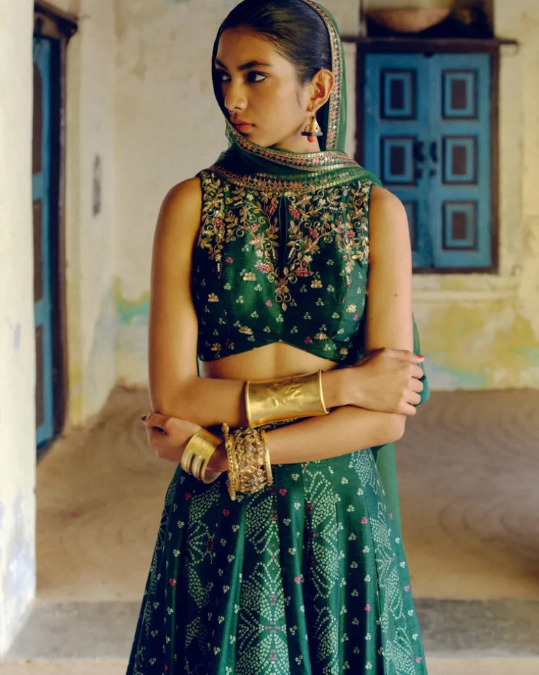 Emerald Green Bandhej Lehenga Set