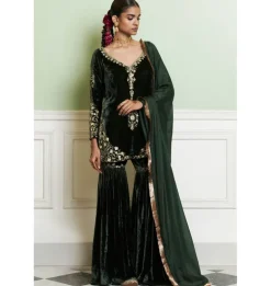 Emerald Green Embroidered Velvet Gharara Set