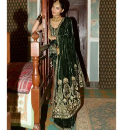 Emerald Green Embroidered Velvet Saree Set