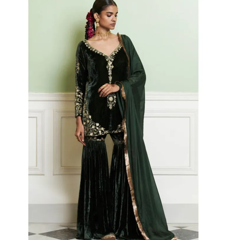 Emerald Green Embroidered Velvet Gharara Set