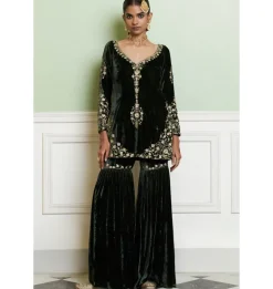 Emerald Green Embroidered Velvet Gharara Set