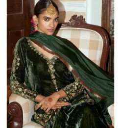 Emerald Green Embroidered Velvet Gharara Set