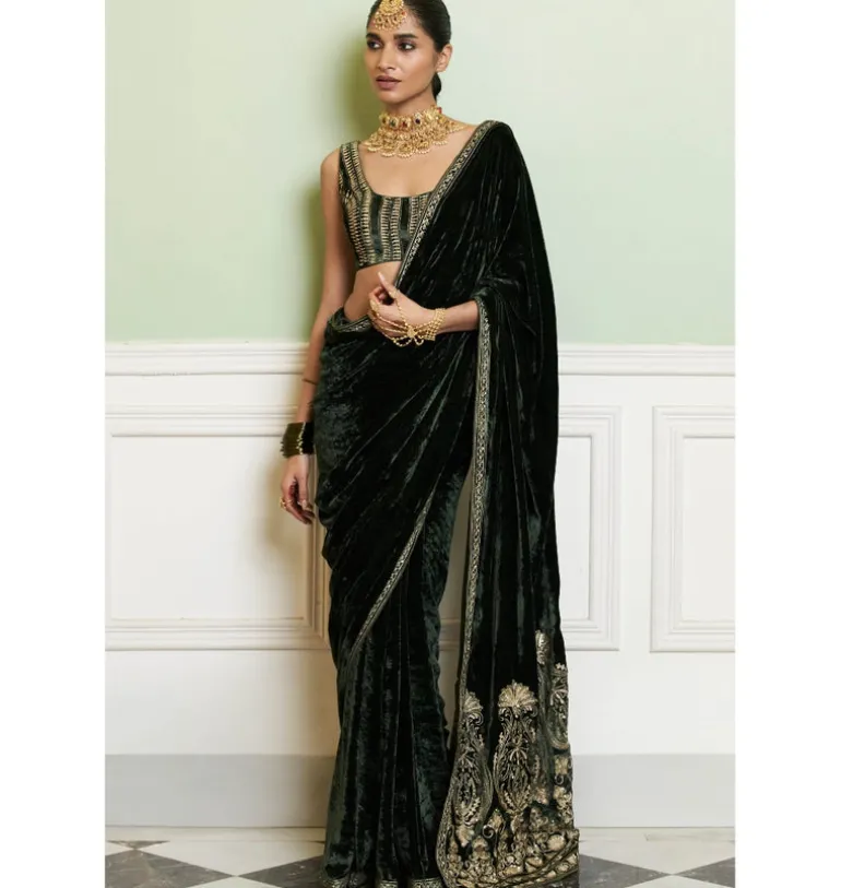 Emerald Green Embroidered Velvet Saree Set
