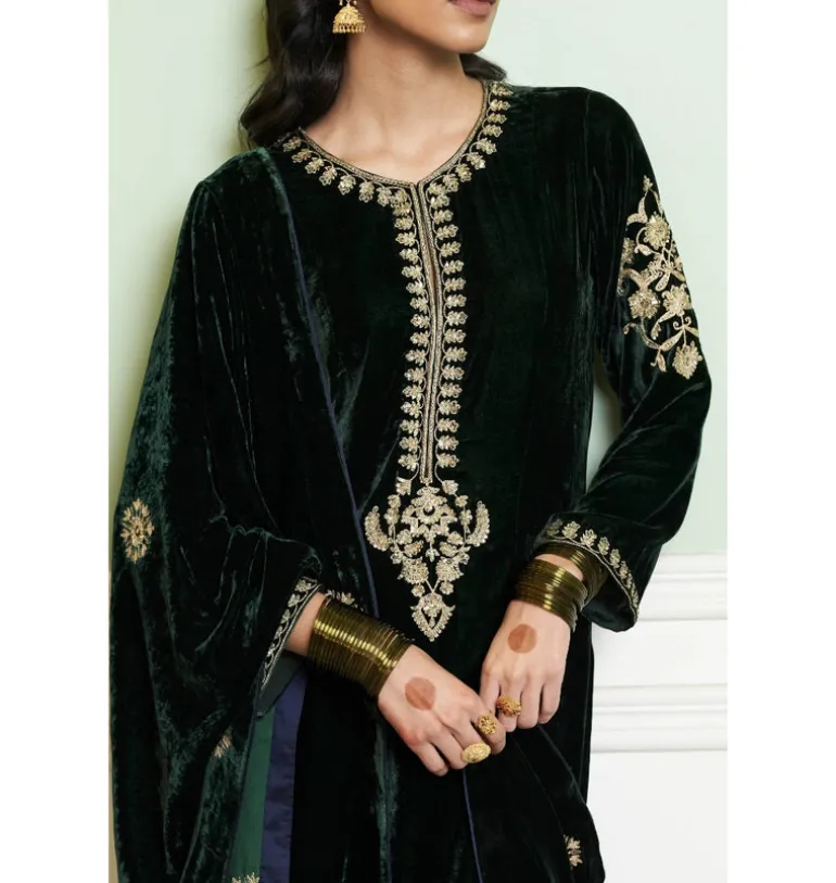 Emerald Green Embroidered Velvet Kurta Set